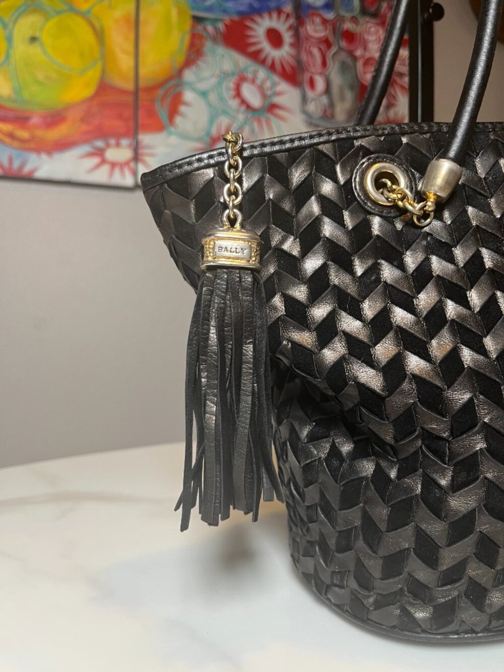 Vintage Bally Black Woven Suede & Leather Tote Bag - Picture 2 of 16